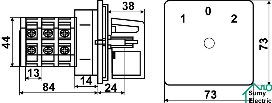 Перемикач пакетний типу ПКП Е9 25А/2.832 (1-0-2 2 полюса)