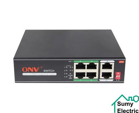 PoE комутатор ONV-H1064PLS, 4хРоЕ 100 Мбит + 2х100 Мбит до 250м 65Вт