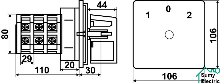 Перемикач пакетний типу ПКП Е9 50А/2.841 (0-1-2-3 вибір фази)
