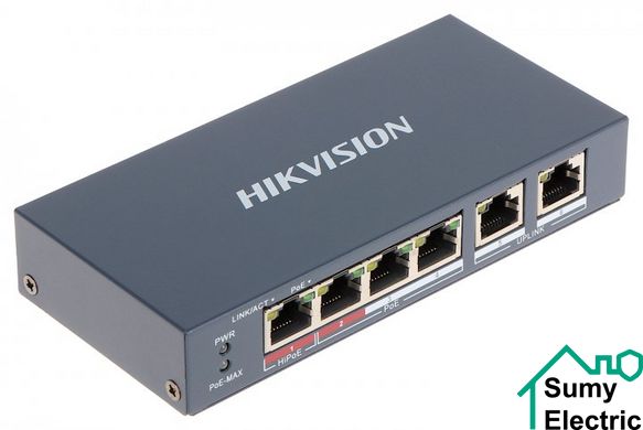 4-портовий некерований POE комутатор Hikvision DS-3E0106HP-E